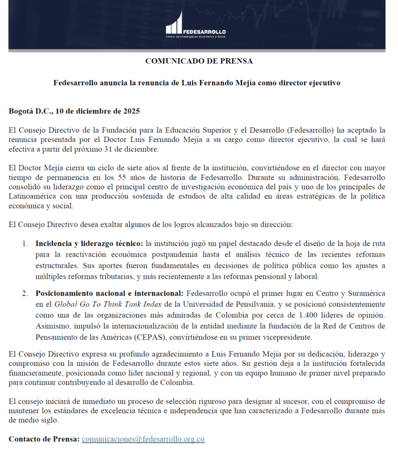 Luis Fernando Mejía renuncia a la dirección de Fedesarrollo