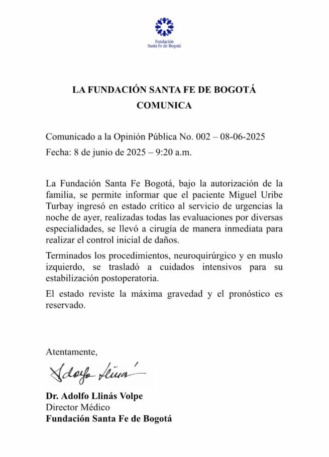 Miguel Uribe Turbay se encuentra en estado de “máxima gravedad”: médicos