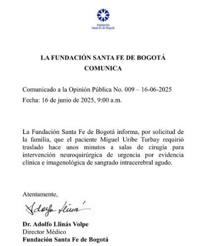 Uribe Turbay ingresa de emergencia a una nueva cirugía por sangrado cerebral