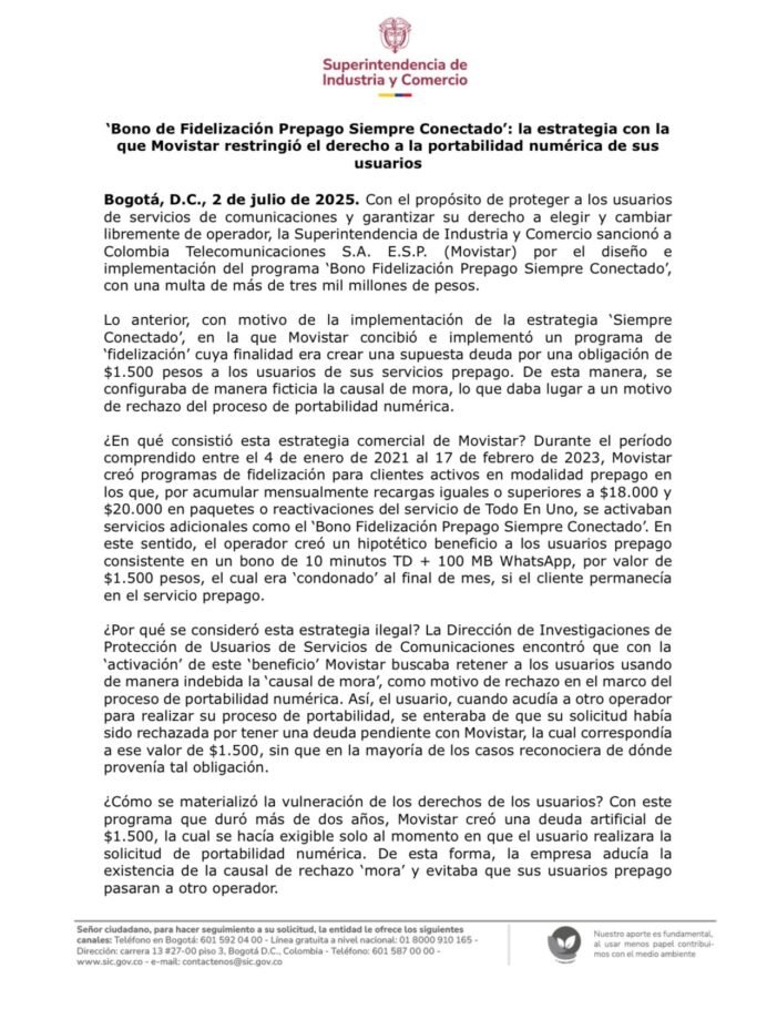 Imponen sanción por más de $3 mil millones a Movistar por bloquear portabilidad numérica con falsa deuda
