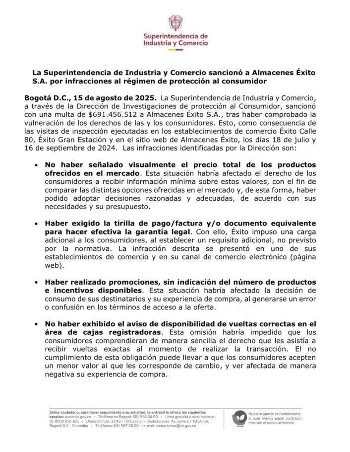 La SIC multó con $600 millones al Éxito por vulnerar derechos de consumidores