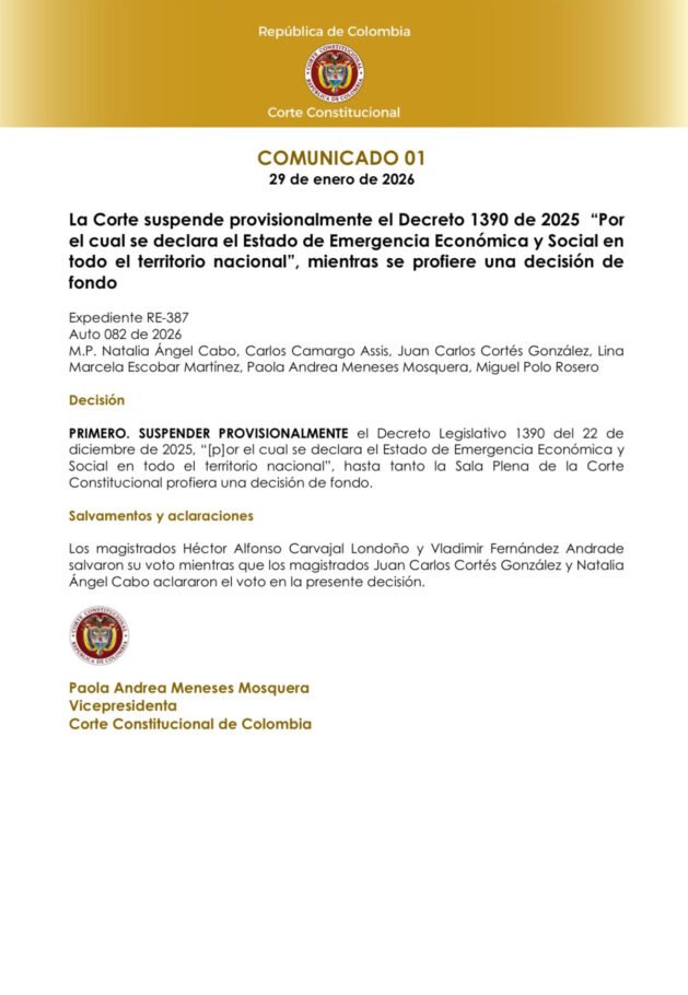 Corte Constitucional frena en seco el decreto presidencial de la emergencia económica y suspende sus efectos